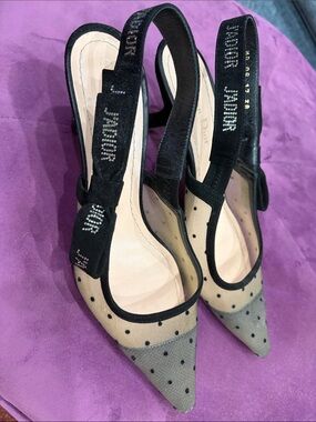 Dior Black Polka Dot Mesh Slingback Kitten Heels